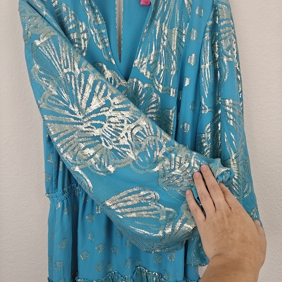 Lilly Pulitzer Nwot Joella Silk Mini Long Sleeve Metallic A Line Bermuda Blue 14 - Picture 9 of 16